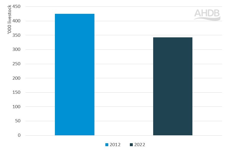 Bar graph to show UK female pig breeding herd size in 2012 and 2022